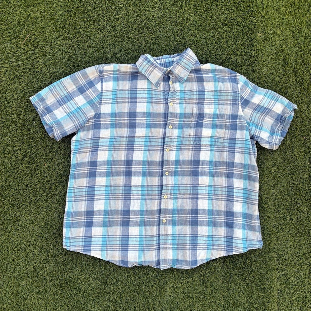 Merona Mens XXL Blue Plaid Short Sleeve Button Down Shirt Linen Cotton Blend